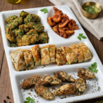 Food Forest Catering mixed starter platter with sesame bites crispy prawns kathi roll and herb chicken on white tray