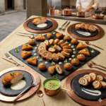 Food Forest Catering gourmet fried snacks and stuffed rolls platter on slate boards with copper plates and green chutney