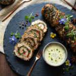 Food Forest Catering herb crusted stuffed chicken roulade sliced on slate board with creamy sauce and edible flowers