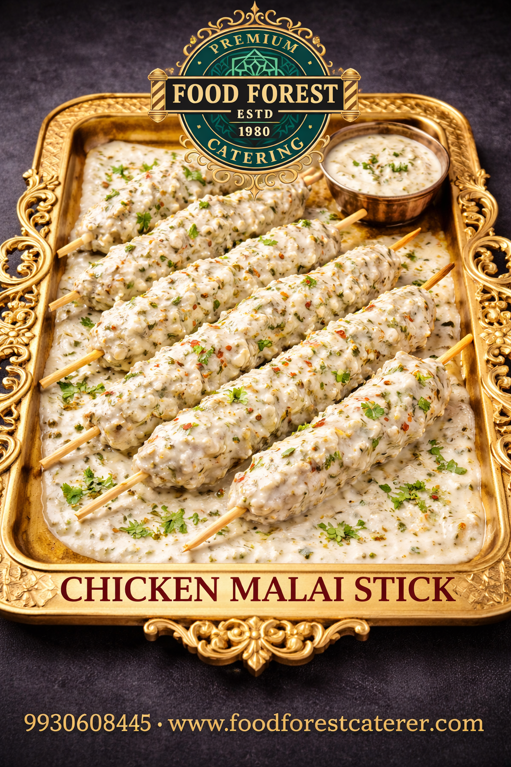 Food Forest Catering Chicken Malai Stick skewers in creamy malai sauce on gold tray with herb dipping sauce