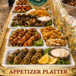Food Forest Catering premium appetizer platter with kebabs, fried snacks and dipping sauce on gold tray
