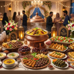 Food Forest Catering Ramadan Kareem Iftar party buffet spread with biryani dates kebabs samosa fruits and drinks at decorated venue