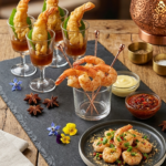 Food Forest Catering prawn tempura shooter glasses and grilled prawns platter with dipping sauces on slate board