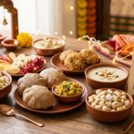 A detailed, warm-toned photograph capturing a complete and traditional Navratri fasting (Vrata) thali meal served in earthenware and copper bowls on a round wooden tray. The central Sabudana Khichdi is prominent, surrounded by Aloo-Mungphali Sabzi, Singhare ka Halwa, Aloo Sabzi, and Kuttu ki Puri on a small brass plate. The tray is set upon a jute tablecloth decorated with marigold garlands, lit diyas, and fairy lights, with a decorated temple shrine and Hindu deity figures in the background. Around the tray are bowls of mixed nuts (makhana), mixed fruit (pomegranate, banana, apple), two copper cups labeled 'Buttermilk' and 'Kheer', and a plate of traditional sweets, including Sabudana Vada and laddoos. Copper cutlery is visible.