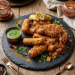 Food Forest Catering crispy fried chicken starters and kathi rolls on slate board with mint chutney and edible flowers