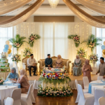 A detailed wide-angle photograph capturing a formal Islamic baby shower, or Aqiqah (cradle ceremony) celebration hall. The scene is set in an elegantly decorated hotel banquet room, featuring draped cream and gold fabrics with fairy lights on the ceiling and a central crystal chandelier. An elevated stage with a lit backdrop displays ornate sofas where four elders are seated. A central decorative cradle with a sleeping baby is nestled within a large ring of flowers on a pedestal. Around the tables in the foreground, family members and guests, dressed in traditional and modest attire (including hijabs), are gathered. A large multi-tiered pasture-themed Aqiqah cake with balloons is on the left, and a wicker goat figurine is on the right. Warm ambient lighting fills the room, and all details, including table settings with blue runners, are clear.
