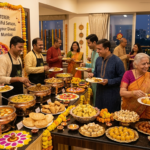 A vibrant photograph taken during a Diwali celebration in a Mumbai apartment, capturing a Food Forest Caterer buffet setup. Three male caterers in cream kurtas and black aprons are serving Indian dishes like biryani, curry, samosas, and various mithai (sweets) from ornate copper chafer dishes decorated with marigold garlands. Guests, dressed in colorful traditional kurtas and sarees, are mingling and holding plates, enjoying the festive atmosphere. Through large glass windows in the background, the Mumbai skyline at dusk is visible, decorated with lights.