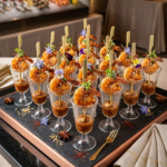 Food Forest Catering glazed prawn cocktail shooters in glass cups with edible flowers and spiced sauce on slate tray