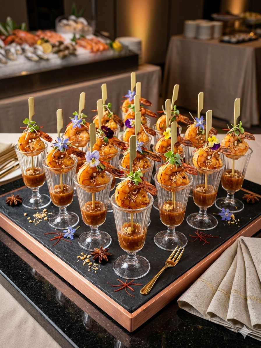 Food Forest Catering glazed prawn cocktail shooters in glass cups with edible flowers and spiced sauce on slate tray