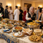 A premium Eid catering buffet setup featuring rich traditional dishes like Dum Biryani, Chicken Tikka, and Sheer Khurma with professional staff serving guests in an elegant banquet hall.
