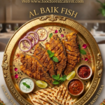 Food Forest Catering Al Baik Fish crispy fried fish fillets on gold platter with mint raita grilled naan and chutney